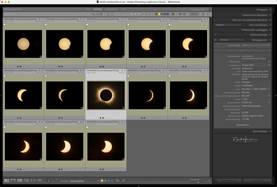 De geselecteerde en bewerkte foto's van de zonsverduistering, gemaakt met zonnefilter (behalve de totaliteit, dat was zonder filter) en 400mm op een MFT-camera (cropfactor 2x)
