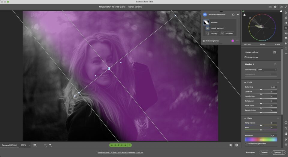 Bi-directioneel masker in Adobe Camera Raw.