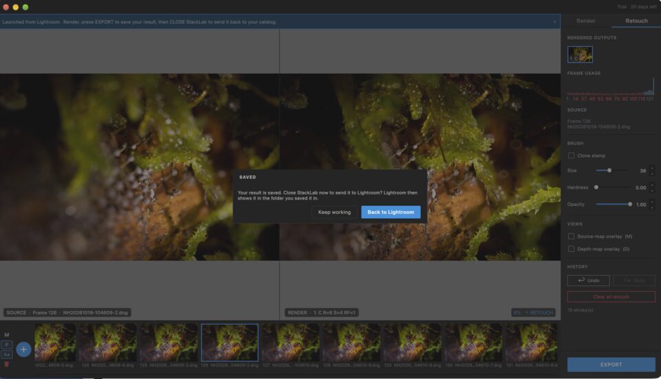 De export zorgt dat het resultaat direct in Lightroom Classic terugkomt. Handig als je van daaruit aan het werken bent. StackLab kan echter ook zonder Lightroom werken.