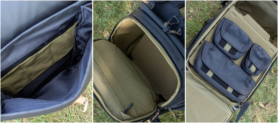 De losse etuis kunnen met klittenband overal bevestigd worden. De bovenzijde heeft toegang tot een groot compartiment. De voorzijde heeft drie vakjes voor accessoire-onderdelen.